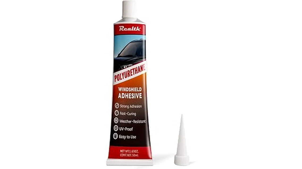 The image shows various tubes and bottles of adhesive products for car window glass repairs.