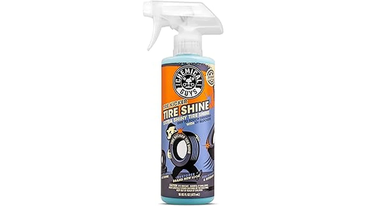 The image shows a close-up of a car tire being cleaned with a popular tire cleaner.
