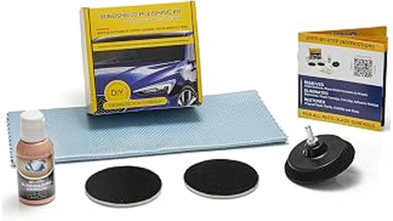 The image shows a close-up of a car window with visible scratches being treated by a scratch remover kit.